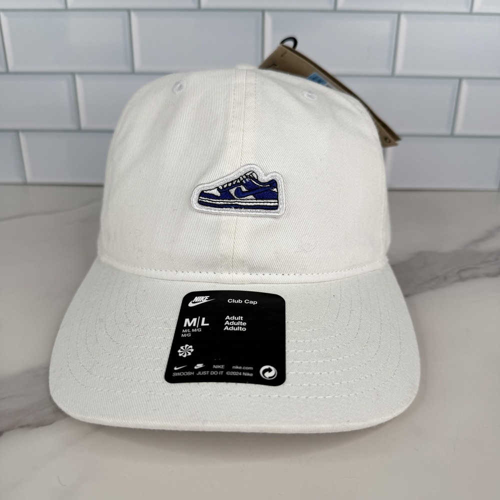 Nike Hat Cap Strap Back Mens M/L White Cotton Sneaker Patch Embroidered Club Cap